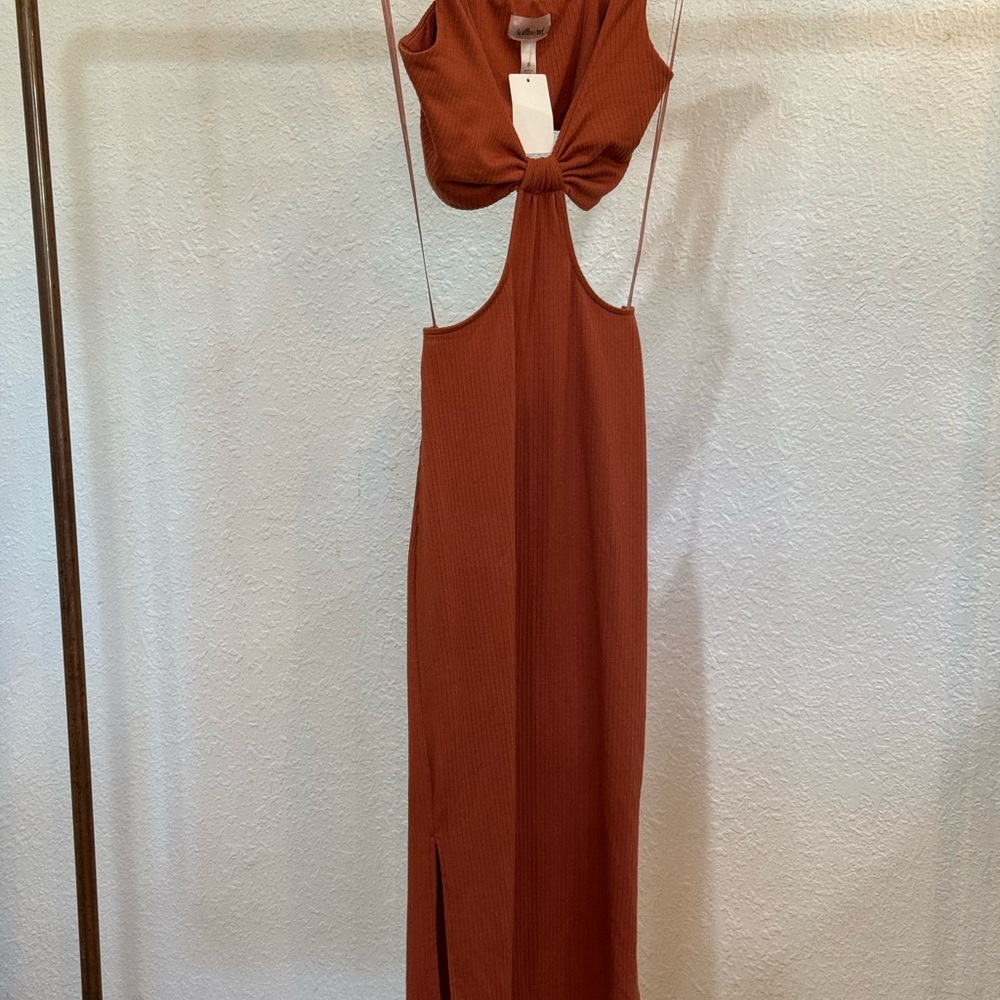 Willow & Root Ribbed Cutout Midi Dress Rust Brown Side Slits Size S